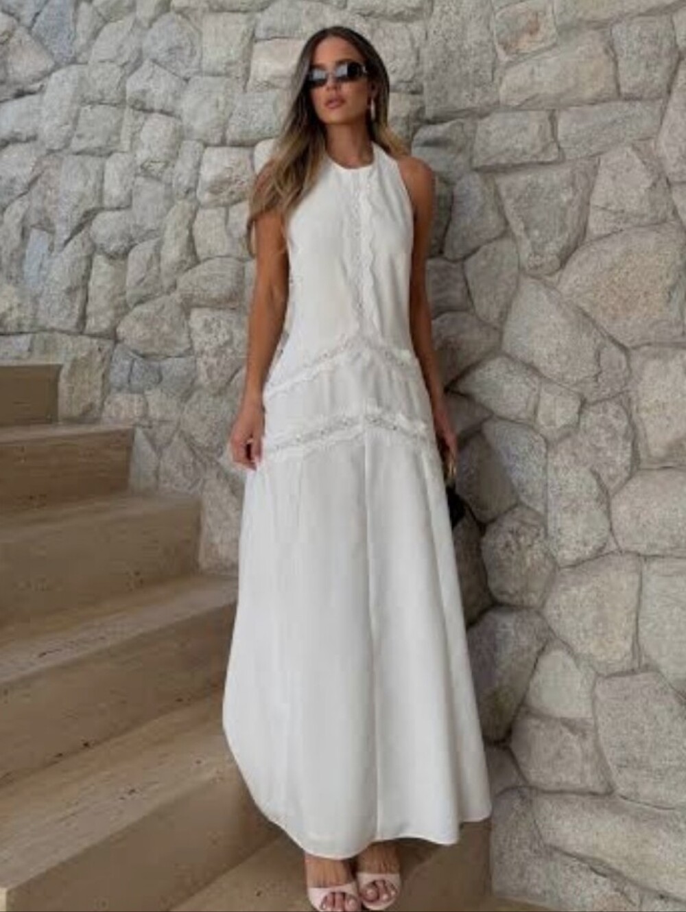 ZARA COMBINATION LINEN BLEND HALTER LACE DRESS WHITE SIZE S XL